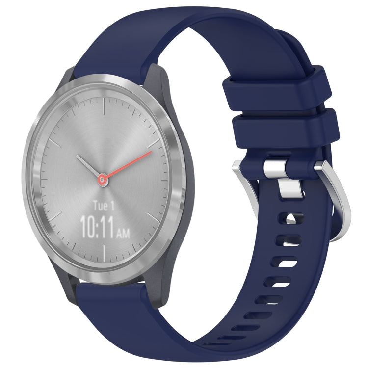 Glossy buckle silicone watch band in dark blue, with silver-toned clasp.