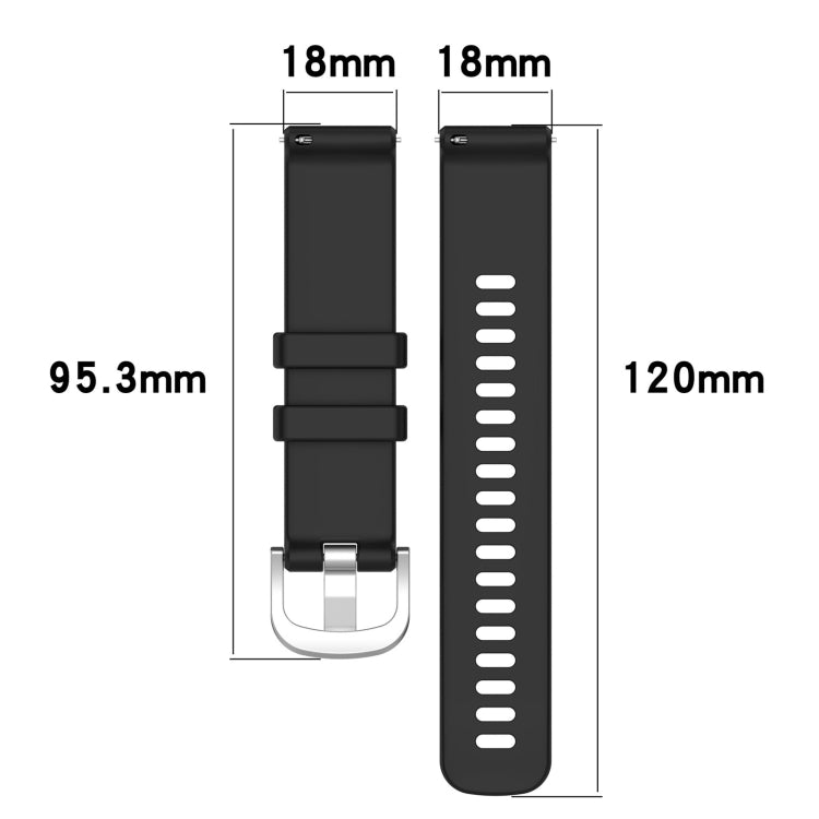 Black silicone watch band with buckle; measures 18mm wide, 95.3mm and 120mm