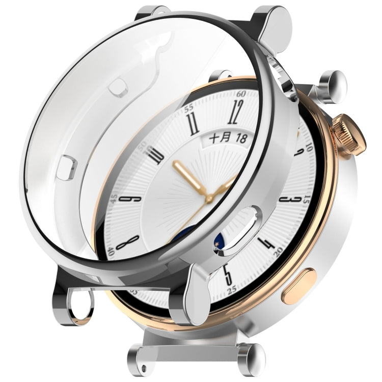 Full coverage TPU watch protective case with clear cover and silver-and-gold electroplated rim