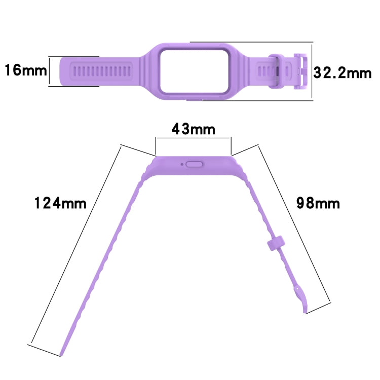 Purple Samsung Galaxy Fit 3 integrated TPU watch band with dimensions marked.