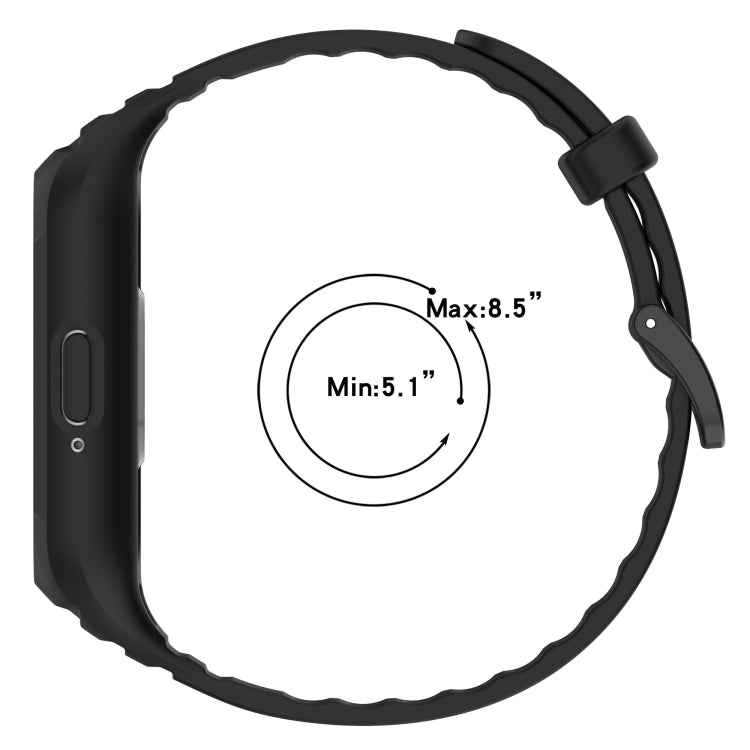 Black Samsung Galaxy Fit 3 integrated TPU watch band shown with a wrist fit range of 5.1 to 8.5 inches.