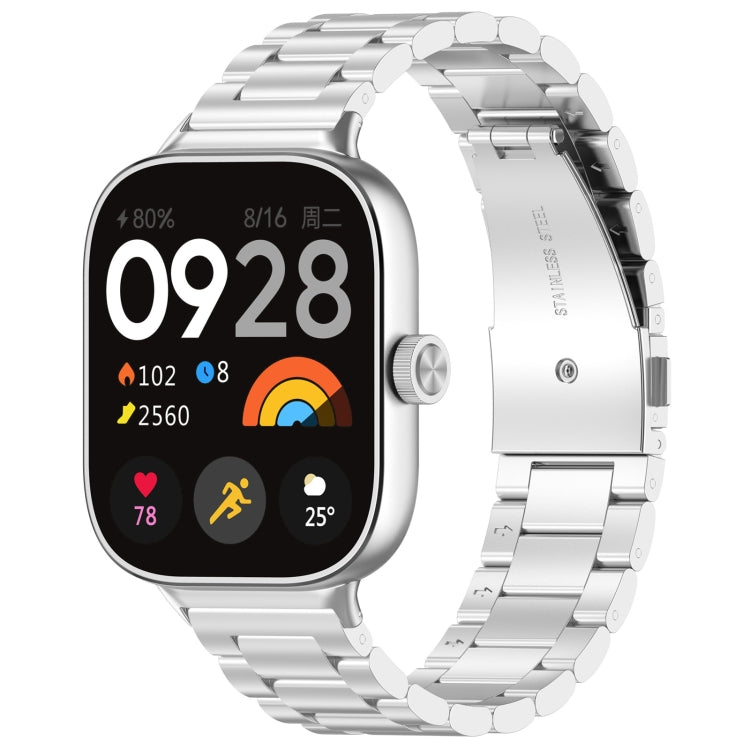 Silver three-bead stainless steel watch band shown fitted to a smartwatch