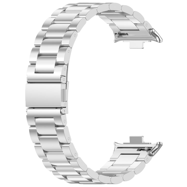 Open silver three-bead stainless steel watch band with attachment ends visible
