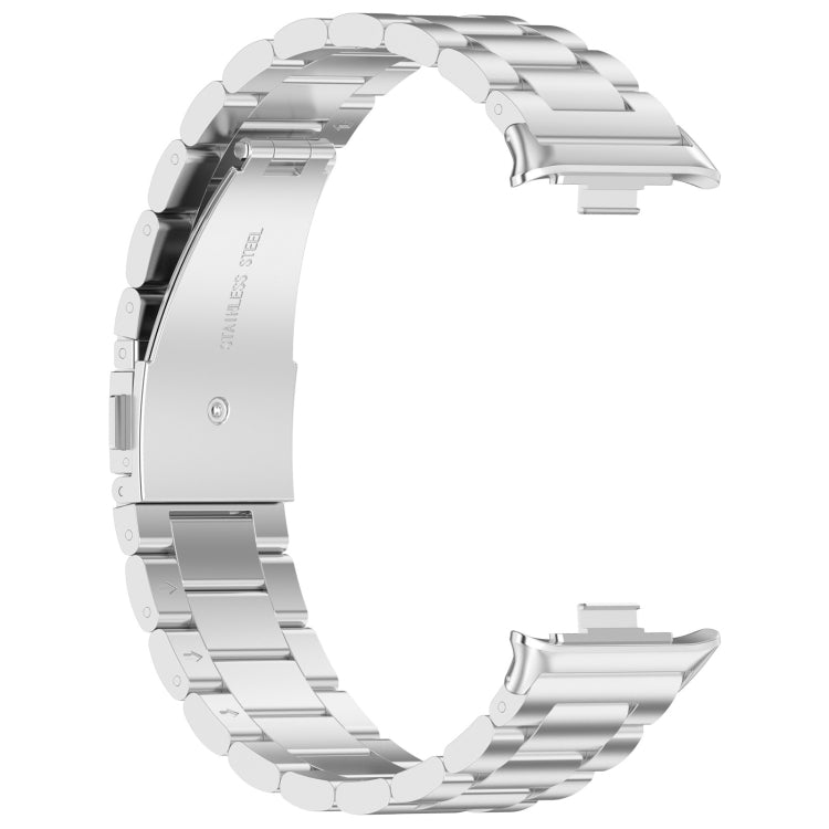 Silver stainless steel watch band showing its folding clasp and inner links
