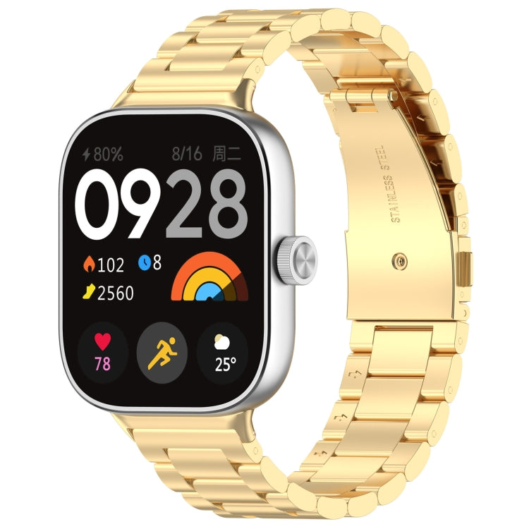 Gold three-bead stainless steel watch band shown fitted to a smartwatch