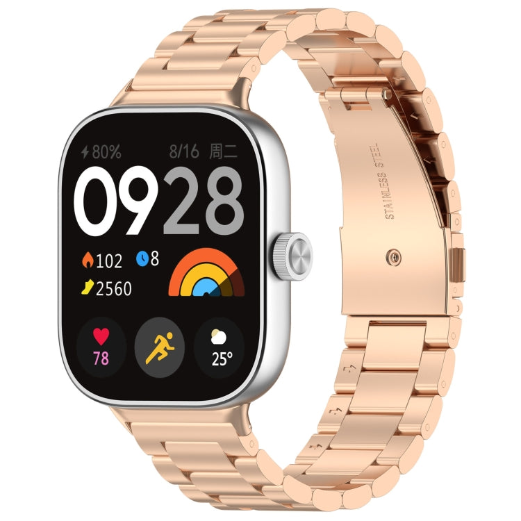 Rose gold three-bead stainless steel watch band shown fitted to a smartwatch