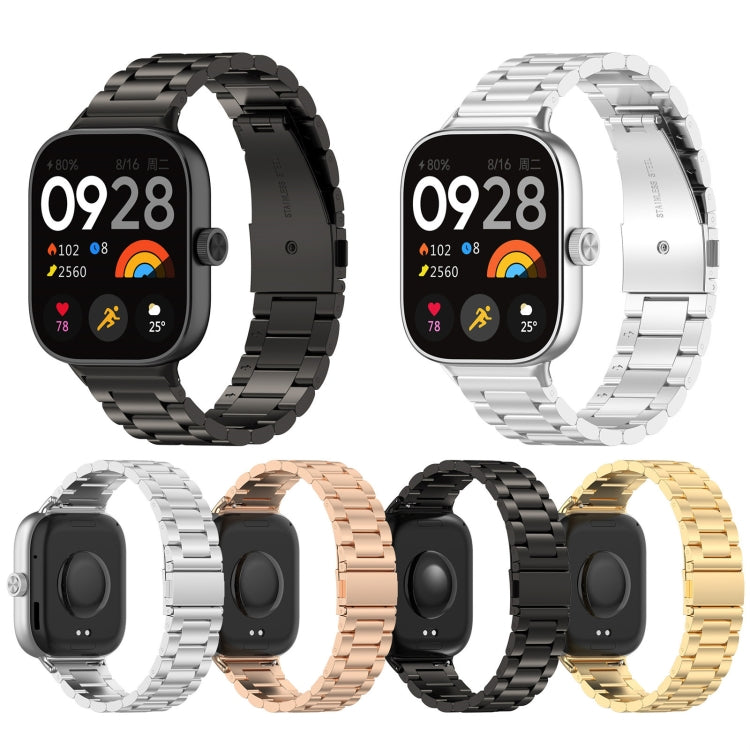 Three-bead stainless steel watch bands in black, silver, rose gold, and gold
