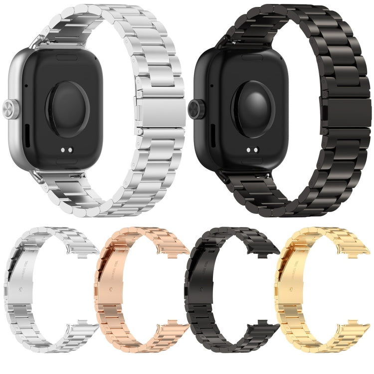 Three-bead watch bands in silver, black, rose gold, and gold, shown from the back