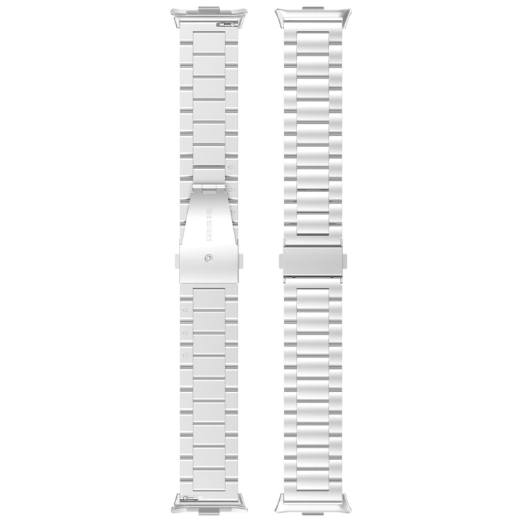 Silver three-bead stainless steel watch band shown flat, front and back
