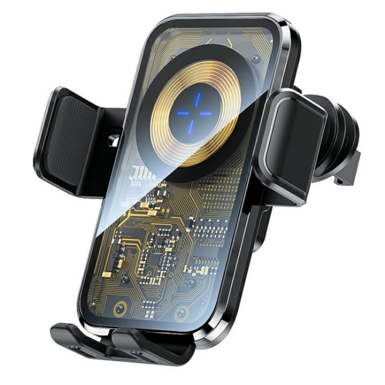 Wireless car air vent hook charger with metal frame and illuminated charging coil pad