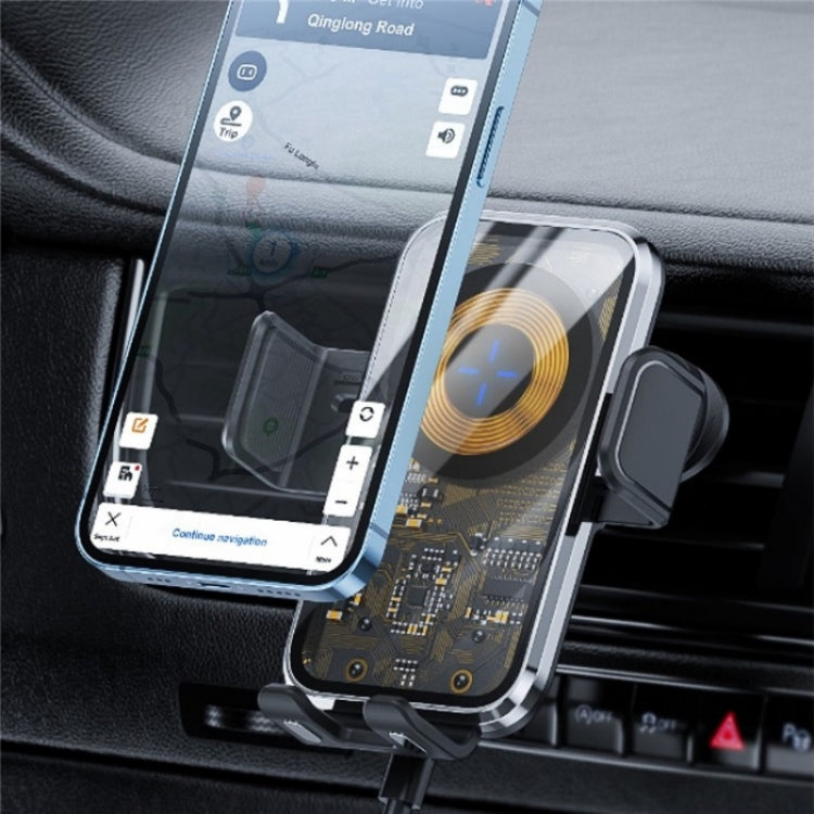 Wireless car air vent hook charger holding a phone with illuminated charging coil pad