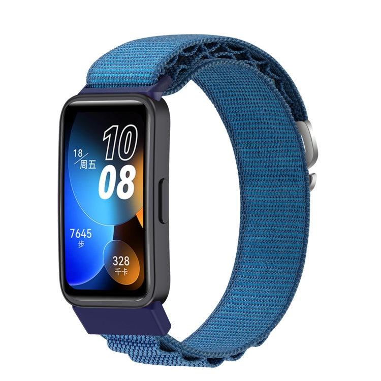 Blue nylon loop watch band for Huawei Band 8/9, shown fitted to a smartwatch.