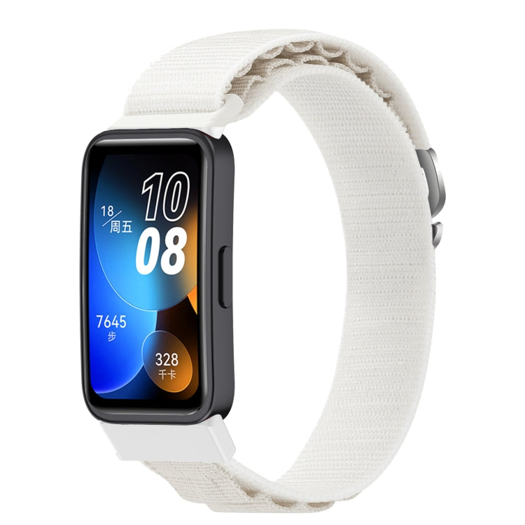 White nylon loop watch band fitted to a smartwatch.