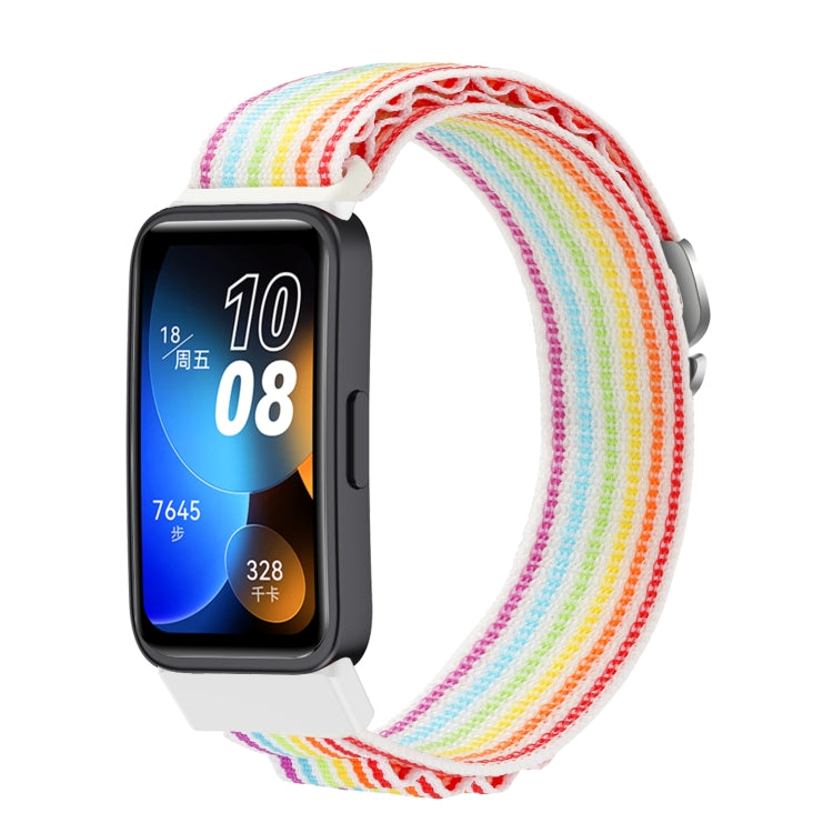 Multicolor striped nylon loop watch band fitted to a smartwatch.