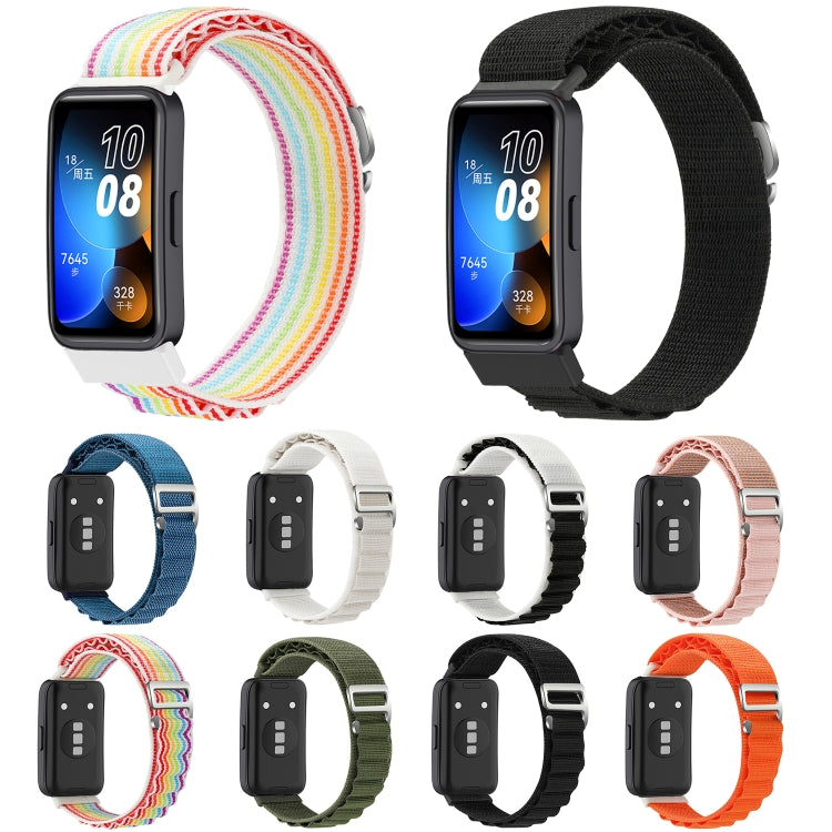 Nylon loop watch bands for Huawei Band 8 and 9, shown in eight colors with watches.