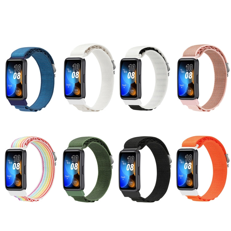 Nylon loop watch bands for Huawei Band 8 and 9, shown in eight colors on watches.
