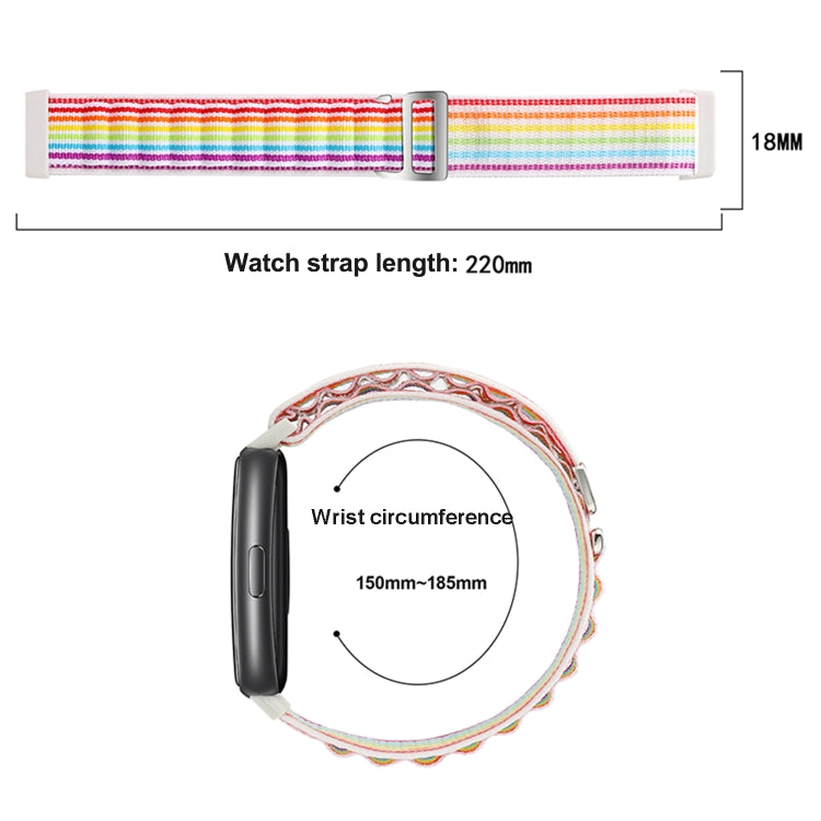 Multicolor nylon loop watch band with 18 mm width, 220 mm length and adjustable wrist fit.