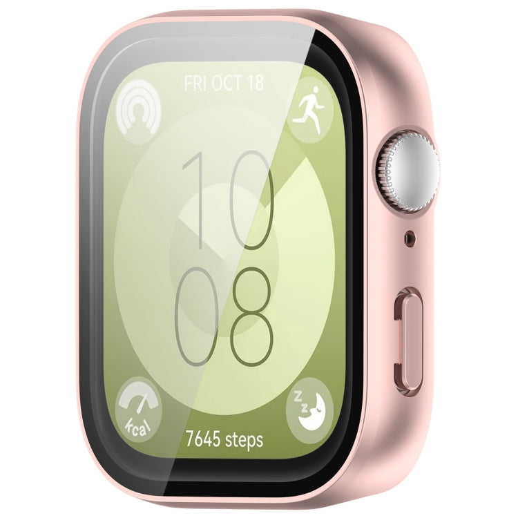 Matte pink Huawei Watch Fit 3 protective case with integrated screen protector, shown on watch