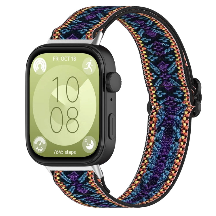 Multicolor woven elastic nylon watch band for Huawei Watch Fit 3, attached to a smartwatch.