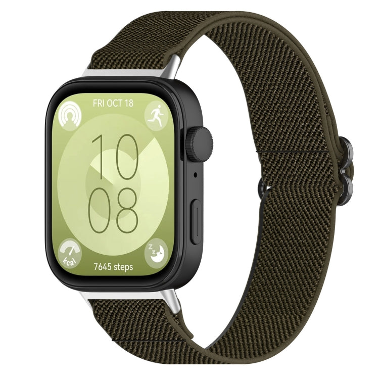 Olive green elastic nylon watch band for Huawei Watch Fit 3, attached to a smartwatch.