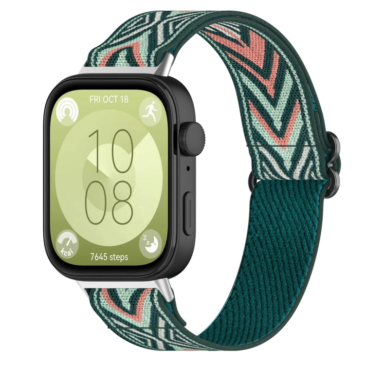 Teal geometric-pattern elastic nylon watch band for Huawei Watch Fit 3, attached to a smartwatch.