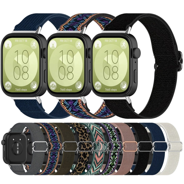 Huawei Watch Fit 3 elastic nylon band set showing assorted colors and patterns