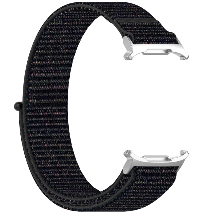 Black speckled nylon loop watch band with hook-and-loop fastening and metal connectors
