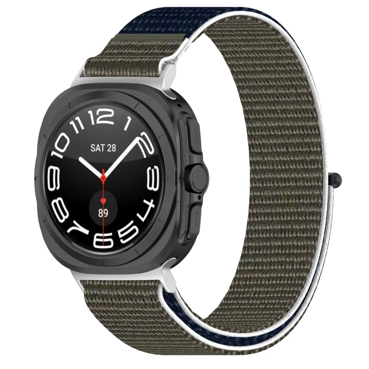 Galaxy Watch Ultra nylon loop band in olive with dark blue accents