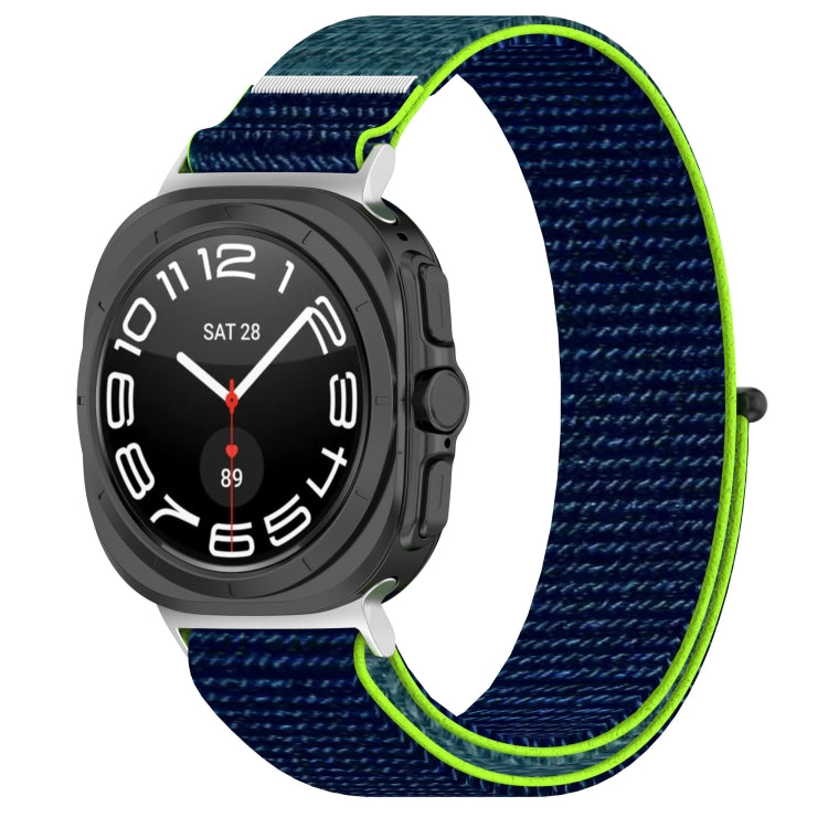 Navy nylon hook-and-loop watch band with bright lime edging, shown on a smartwatch