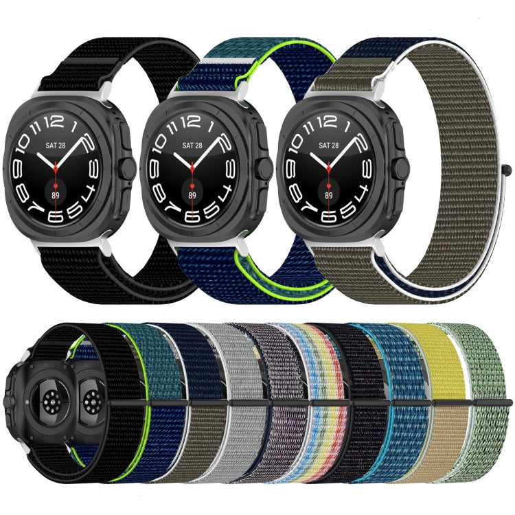 Nylon hook-and-loop watch bands in black, navy, gray, and assorted colors on watches