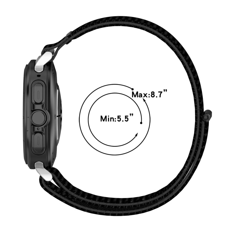 Black nylon hook-and-loop watch band fits wrists from 5.5 to 8.7 inches