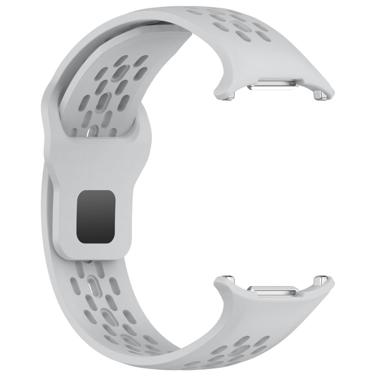 Light gray silicone watch band with perforations and square buckle, shown from the reverse