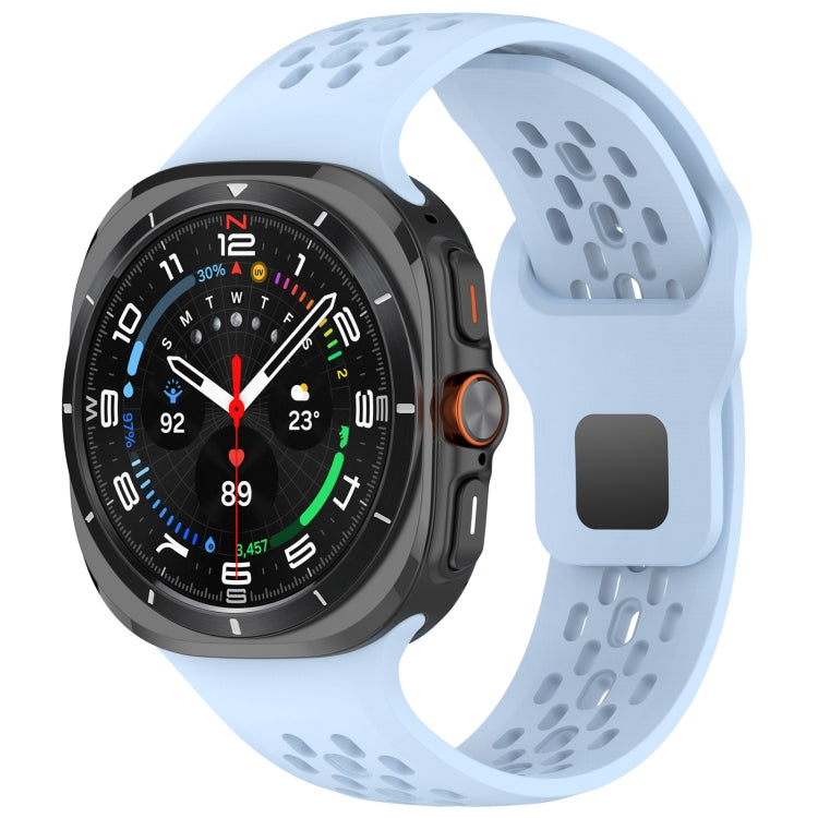 Sky blue perforated silicone watch band with square buckle, attached to a smartwatch