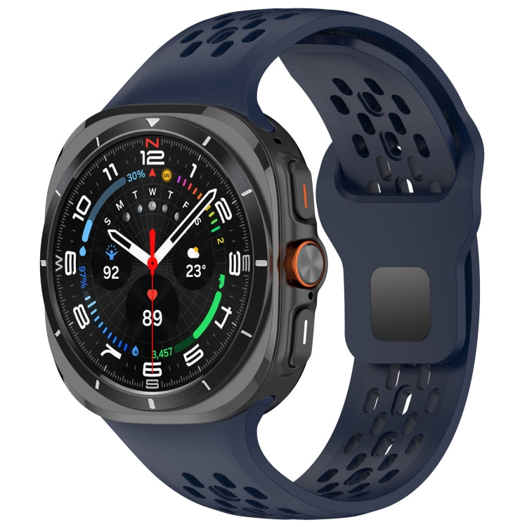 Midnight blue perforated silicone watch band with square buckle, attached to a smartwatch