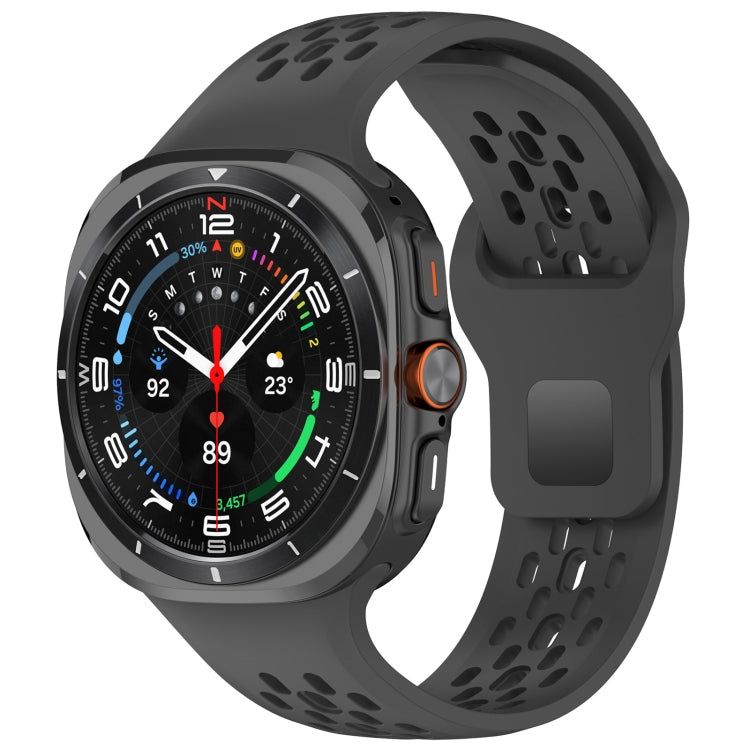 Black perforated silicone watch band with square buckle, attached to a smartwatch