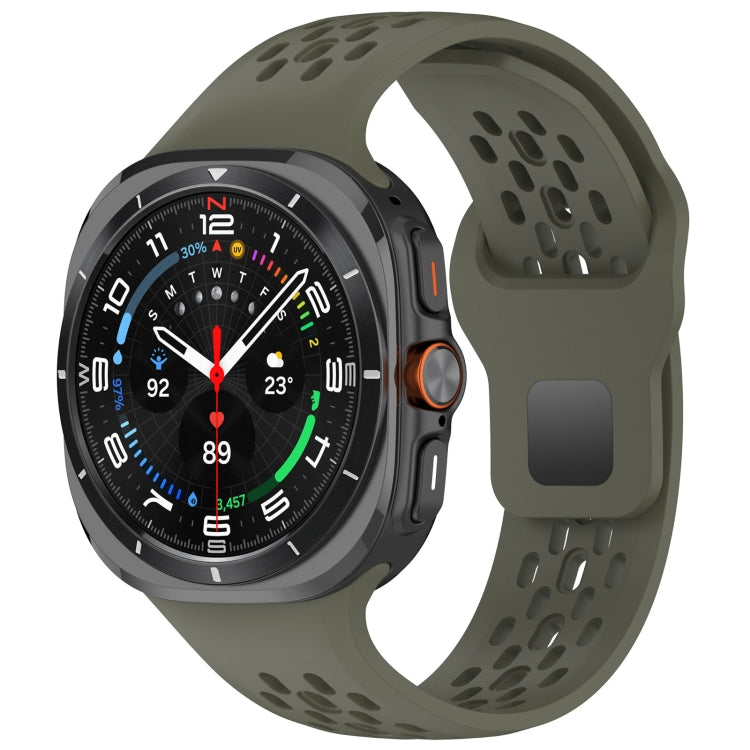 Green perforated silicone watch band with square buckle, attached to a smartwatch
