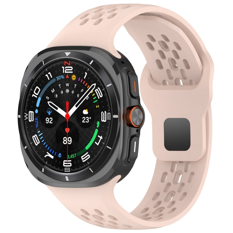 Light pink perforated silicone watch band shown attached to a black smartwatch.