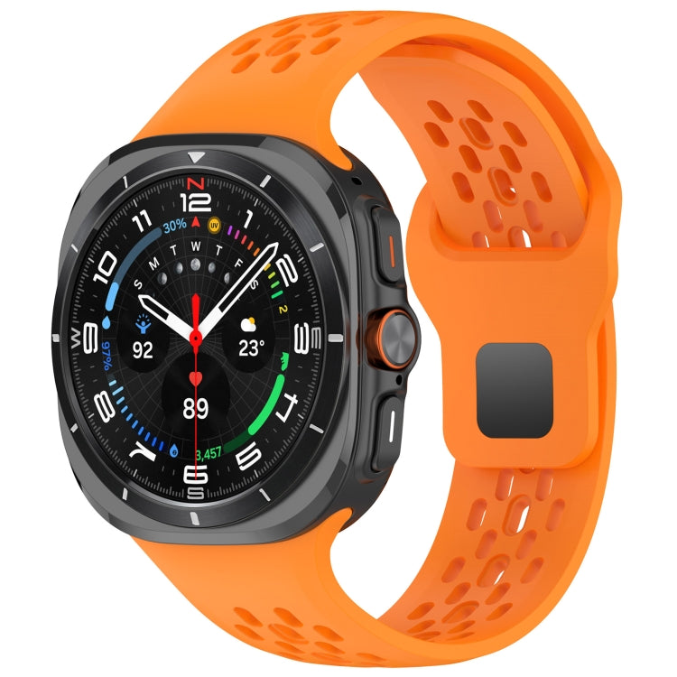 Bright orange perforated silicone watch band with square buckle, shown on a smartwatch.