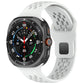 White perforated silicone watch band with square buckle, shown attached to a smartwatch.