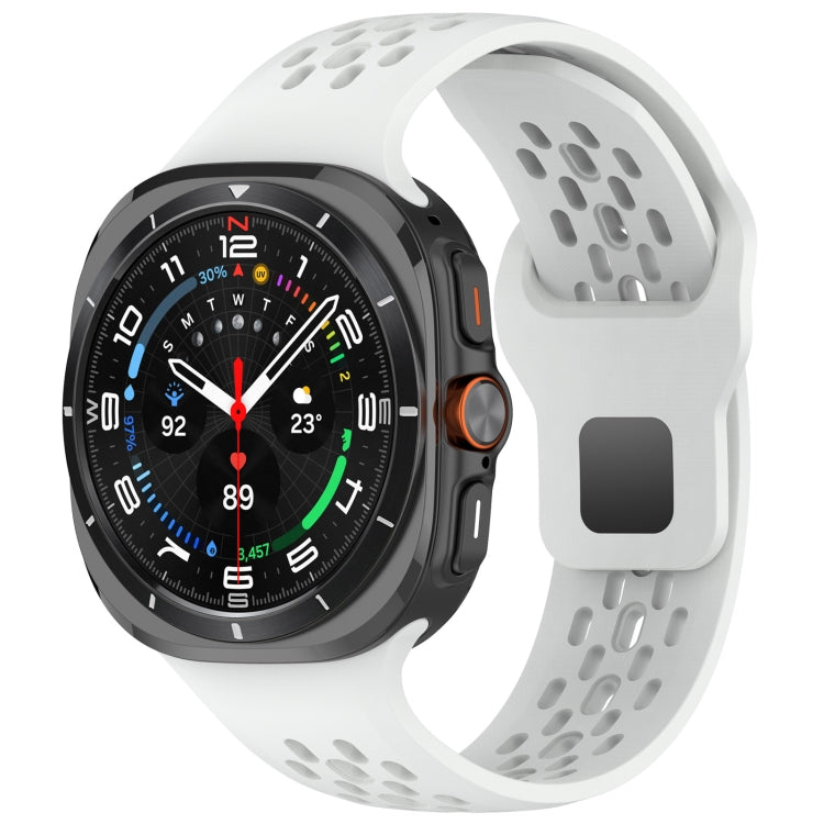 White perforated silicone watch band with square buckle, shown attached to a smartwatch.