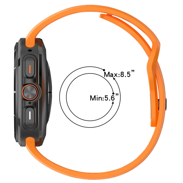 Orange silicone watch band shown around a wrist-size diagram, with 5.6 to 8.5 inch fit.