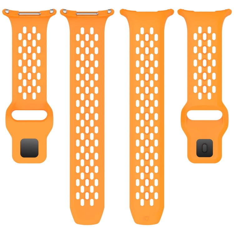 Orange perforated silicone watch band shown as separate long and short straps.