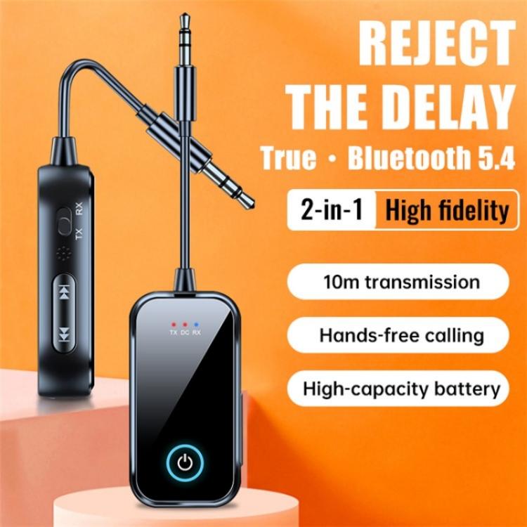 Bluetooth 2-in-1 audio adapter with 3.5mm cable, power button, and LED