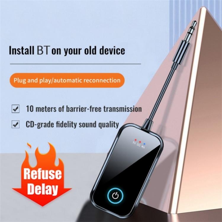 Bluetooth 2-in-1 audio adapter with 3.5mm plug and compact inline body