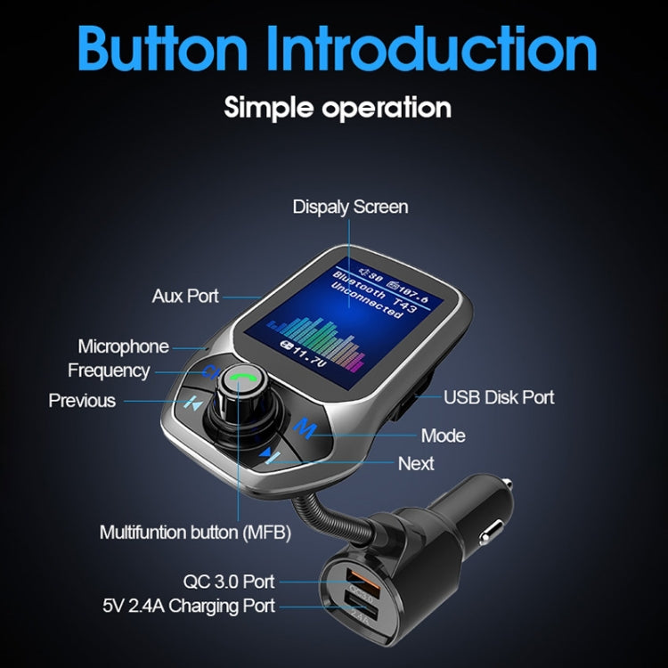 Car Bluetooth MP3 player with color screen, mic, aux, USB and QC3.0 charging ports