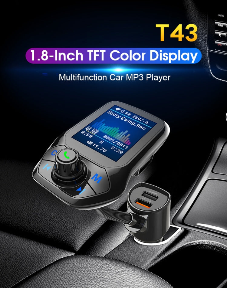 Bluetooth car MP3 player with color display, rotary knob, and USB charging port
