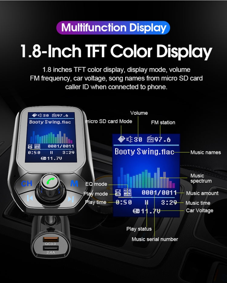 Bluetooth car MP3 player with 1.8-inch color screen showing music playback details