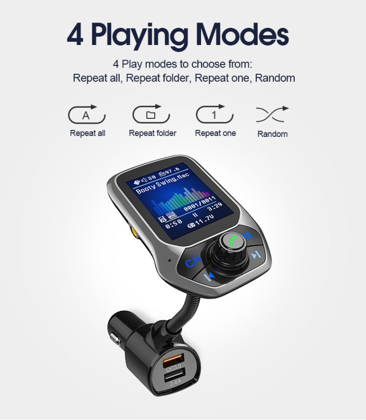 Bluetooth car MP3 player with color screen displaying repeat and random play modes