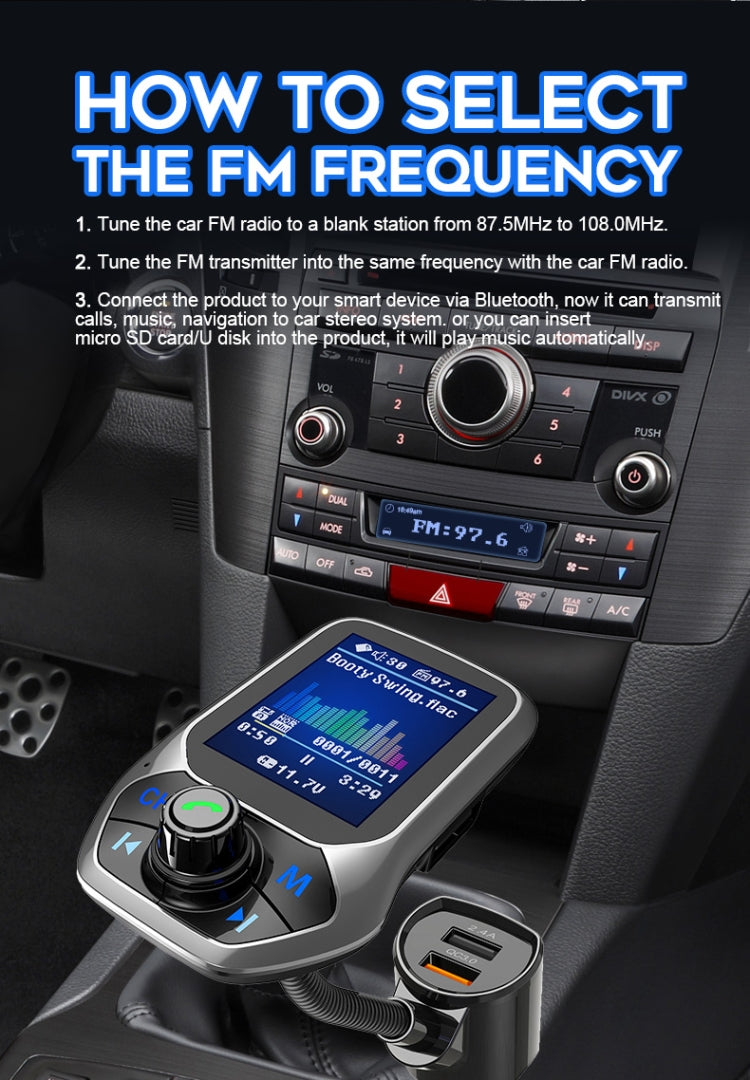 Bluetooth car MP3 player mounted near car controls, with color screen and dial