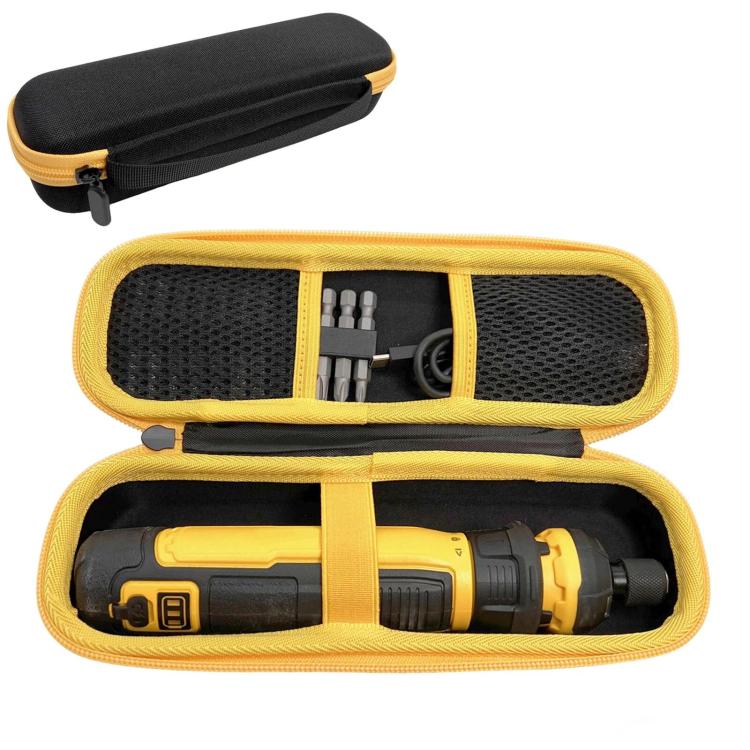 Hard EVA storage case with yellow trim, open insert holding screwdriver and bits